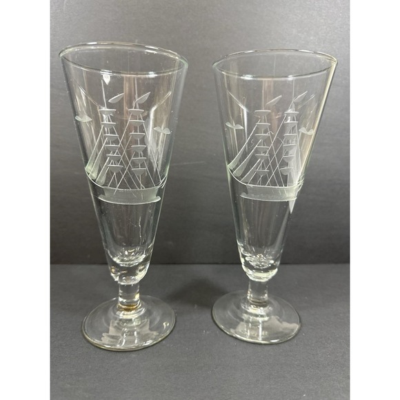Javit Other - Javit Sailboat Pilsner Beer Glasses Etched‎ Nautical Clipper Schooner Ship 80's
